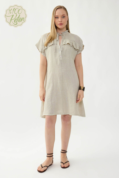 Vitrin 100% Linen Baby Collar Buttoned Short Sleeve Dress