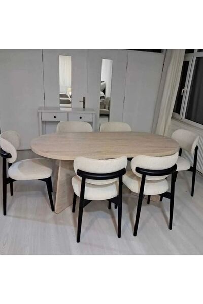 SHOOVVEL Ava Bohem Traverten Oval Yemek Masası – İskandinav Modern Tasarım 90...