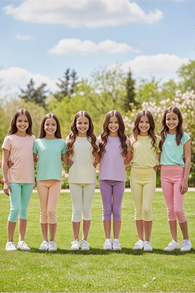 Katmirra 6'lı Pastel Renk Penye Kız Çocuk Kapri Taytlar