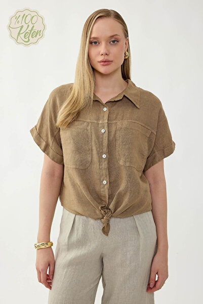 Vitrin 100% Linen Short Sleeve Shirt with Cover Pockets and Tie Front