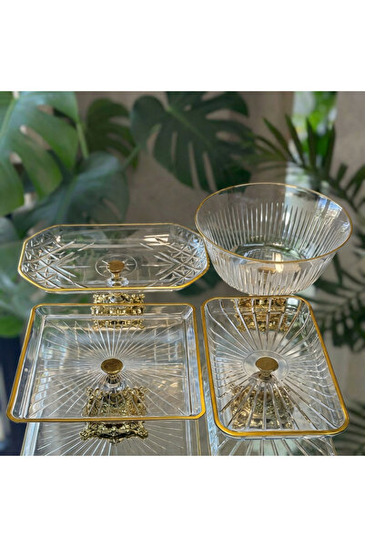 Elta Collection طقم تقديم وتقديم كريستال ذهبي أنيق مكون من 4 قطع