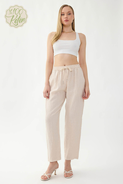 Vitrin 100% Linen Wide-Leg Trousers with Elastic Waist and Pockets