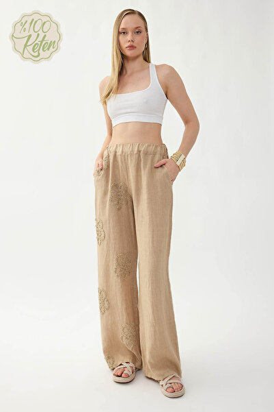 Vitrin 100% Linen Elastic Waist Floral Motif Trousers