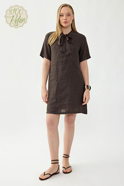 Vitrin 100% Linen Collared Short Sleeve Dress