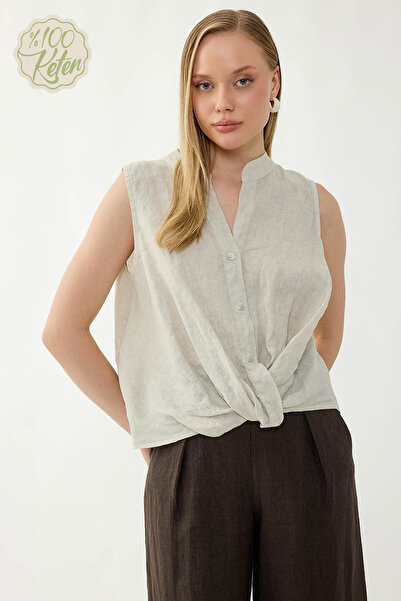 Vitrin 100% Linen Button Front Gathered Blouse