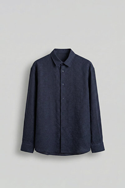 ablukaonline Men's Oversize Jacquard Patterned Long Sleeve Shirt Navy Blue