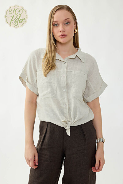 Vitrin قميص بأكمام قصيرة مصنوع من الكتان بنسبة 100% مع جيوب وربطة أمامية