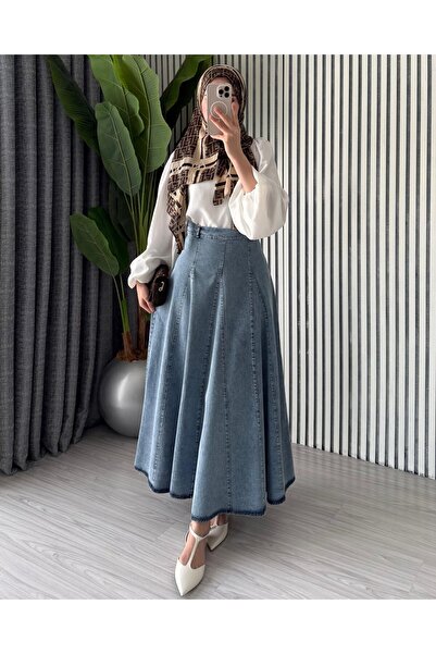 Molly Nelly Kadın Oturtmalı Pileli Tasarım Uzun Kot Etek