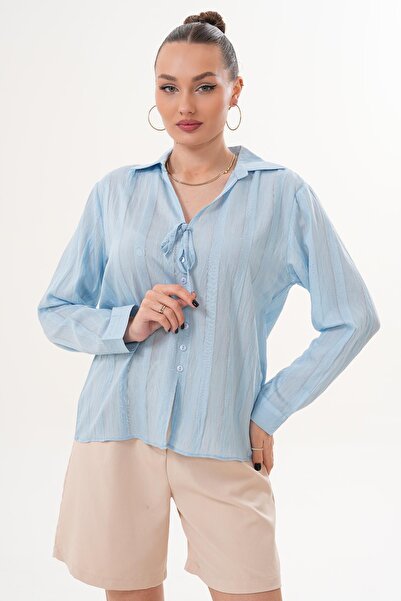 soi fashion Stripe Patterned Collared Shirt with Laces