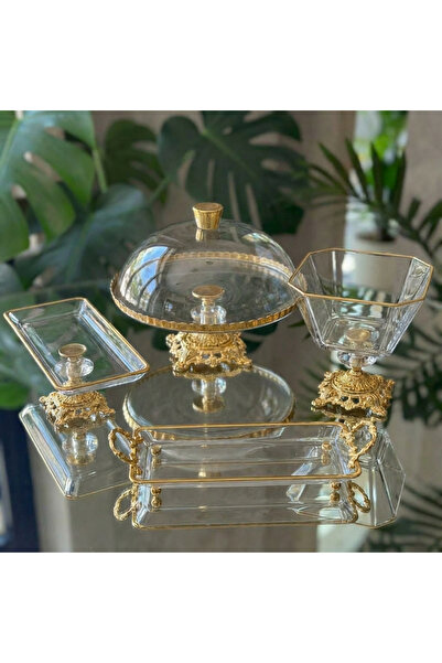 Elta Collection طقم تقديم وتقديم كريستال ذهبي أنيق مكون من 4 قطع