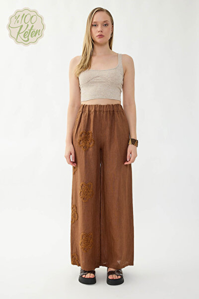 Vitrin 100% Linen Elastic Waist Floral Motif Trousers