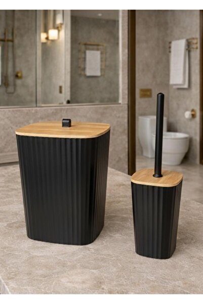 Okyanus Home Sapphire Adhesive Real Bamboo Wc Brush Holder and Trash Can Set ...