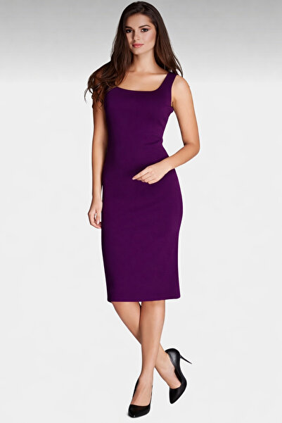 Laranor Mürdüm Kare Yaka Kalın Askılı Krep Kalem Elbise Gündüz Gece Şıklığı 1...