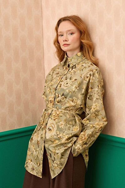 Ceylan Otantik Khaki Rose Patterned Vintage Shirt