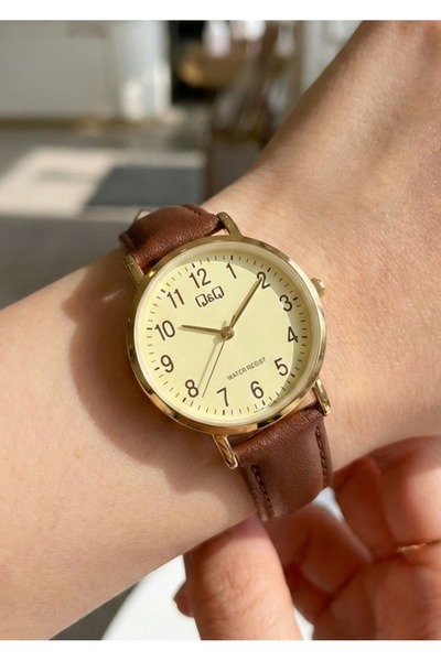 Q&Q Women's Gold Case Brown Leather Cord Cream Dial Wristwatch 2 Years Warranty