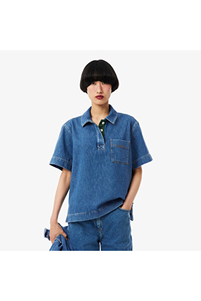Lacoste Kadın Oversize Fit Kısa Kollu Polo Yaka Denim Mavi Gömlek