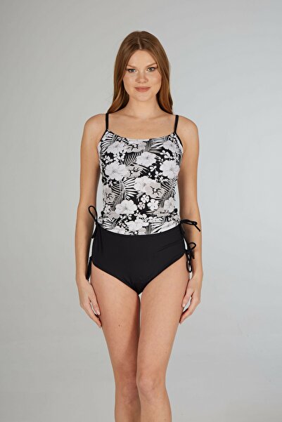 Estiva Kadın Çiçek Desenli Siyah Emprime Şortlu İnce Askılı Tankini