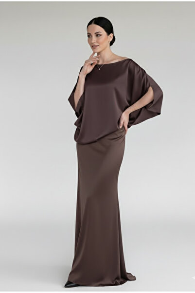 My Blog Brown Shoulder Draped Satin Blouse Skirt Set - 8005