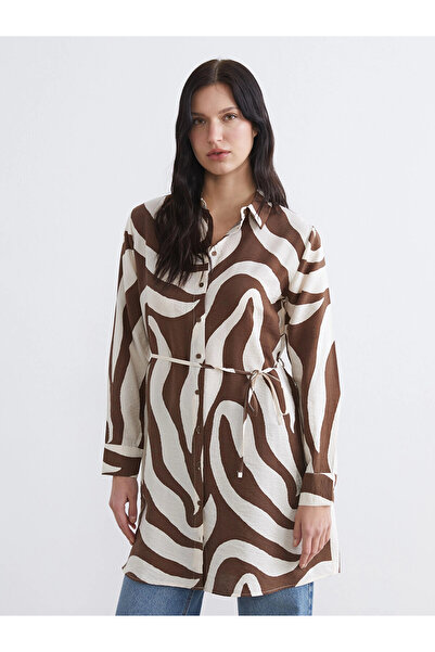 LC Waikiki Lcw Everyday Brown Patterned Belted Women's Shirt Tunic