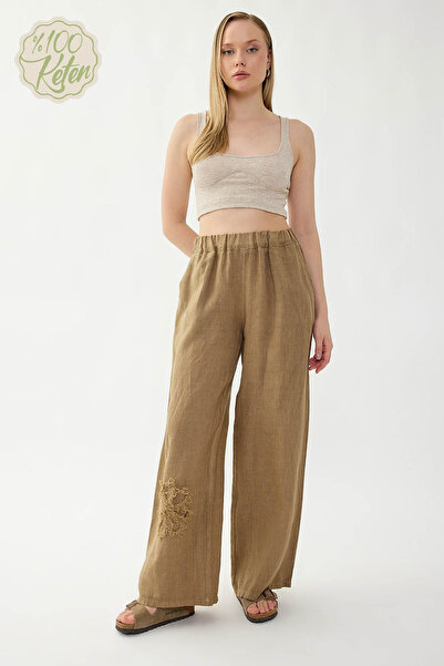 Vitrin 100% Linen Elastic Waist Floral Motif Pocket Trousers