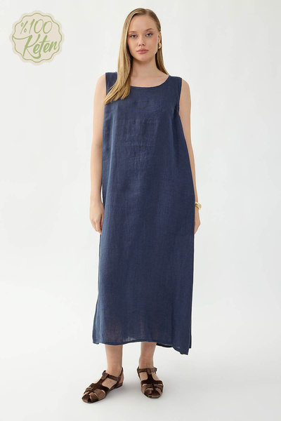 Vitrin 100% Linen Zero Sleeve Long Dress