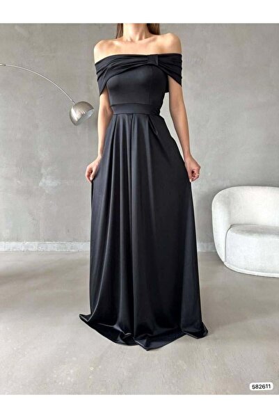 Modafeminen Black Off-Shoulder Satin Long Evening Dress 582611