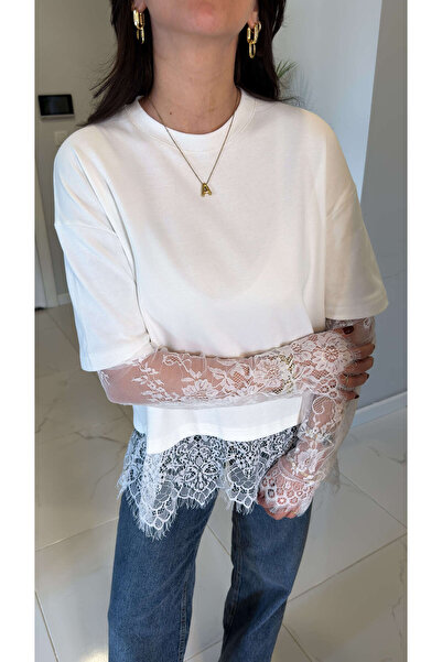 BİRCANÇİL Tricou Heras Ecru cu detaliu la tiv și la mâneci dantelă