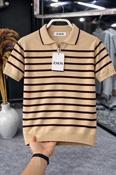 zs zaos fashion Men's Short Sleeve Striped Zippered Polywool Knitwear T-Shirt...