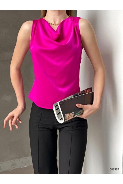 Modafeminen Fuchsia Degaje Collar Satin Sleeveless Blouse 582507