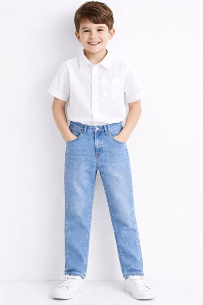 Nacar Erkek Çocuk Beyaz Kısa Kollu Gömlek ve Mavi Kot Pantolon Kombin Takım 2...