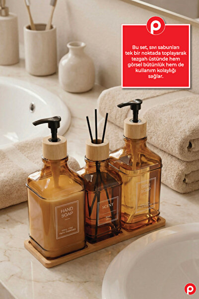 Pazarika 3’lü Amber Cam Sıvı Sabunluk Seti - Bambu Standlı & Tepsili Mutfak B...