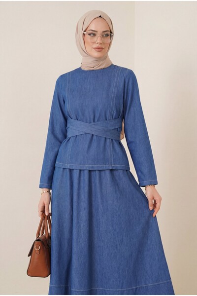 Modamorfo Round Neck Tencel Suit with Crossed Lace-Up Skirt -Indigo