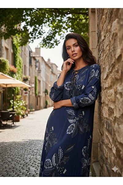 Clarity Düğme Detay Desenli Renkli Keten Bohem Otantik Elbise