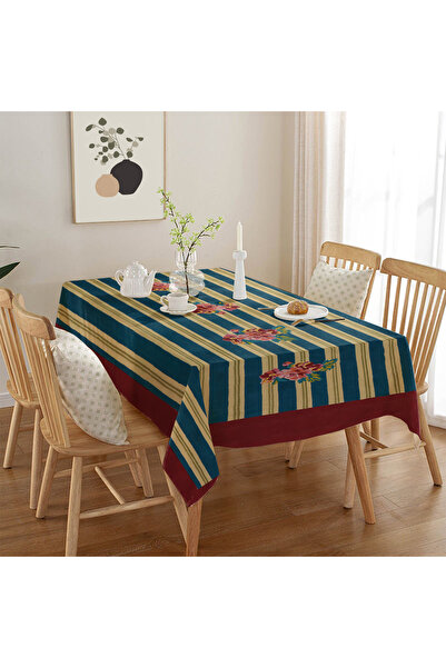 Homeilla Çizgili Çiçek Desenli Dijital Baskılı Dekoratif Masa Örtüsü