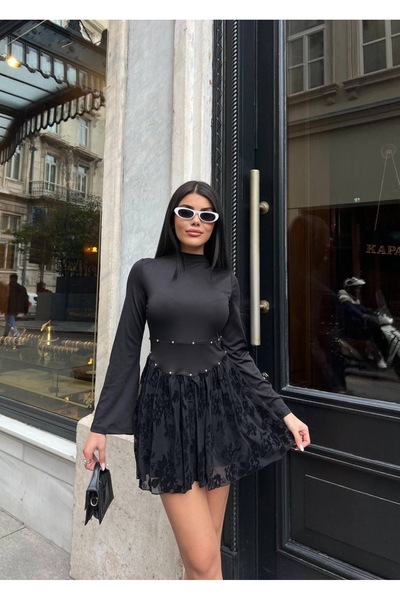 cottonage Pearl-Embellished Skirt Lace Dress