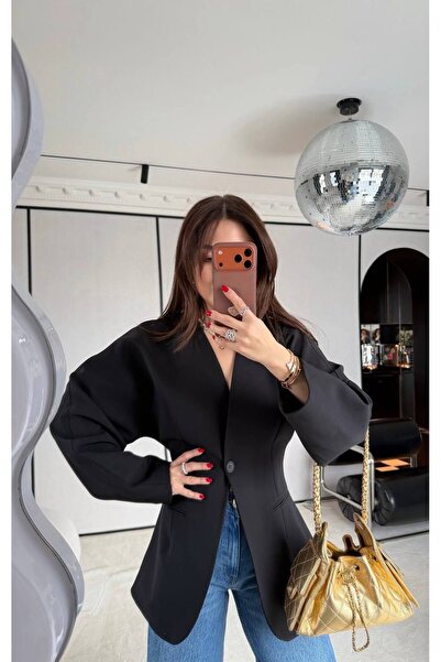 LOKADI سترة نسائية سوداء كبيرة الحجم بتصميم مفتوح عند الخصر