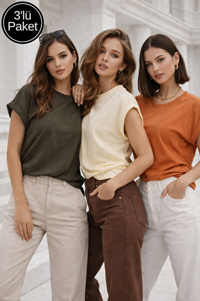 Rich Pachet de bumbac pentru femei, crem-portocaliu-kaki, dublu, cu detalii l...