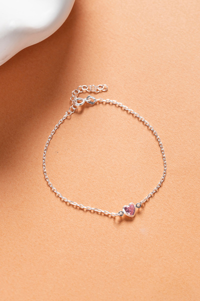 Elika Silver 925 Ayar Gümüş Pembe Kalpli Kalp Bileklik