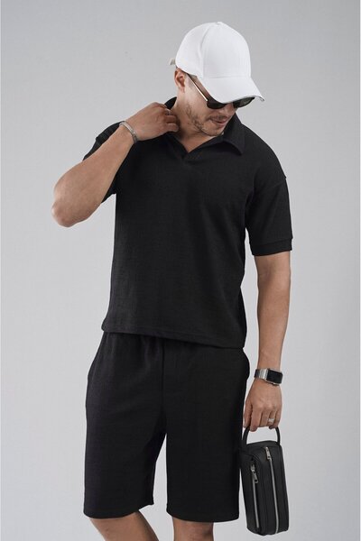 king brich Polo Collar Regular Fit Jacquard Shorts T-Shirt Top and Bottom Set