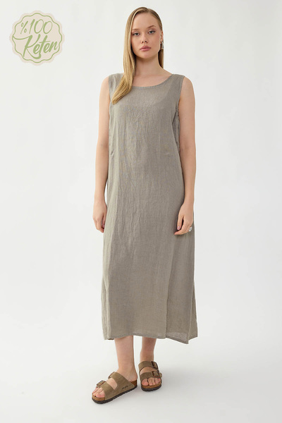 Vitrin 100% Linen Zero Sleeve Long Dress