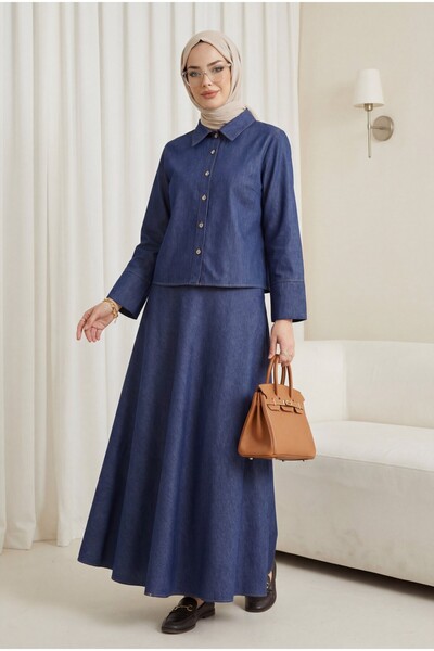 Modamorfo Buttoned top flared skirt tencel suit - navy