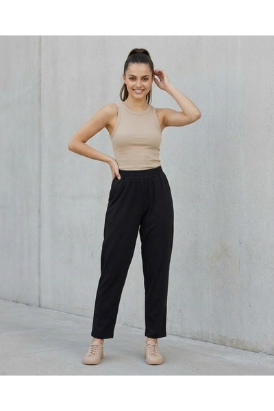 Grenj Fashion Black High Waist Elastic Carrot Soft Textured Fabric Knitted Tr...