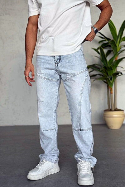 Wonraces Men's Baggy Leg Zipper Detailed Design Jean Jeans with Stitching Detail