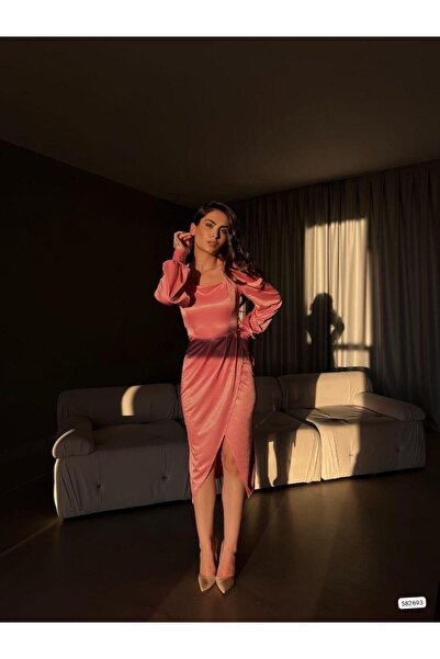 Modafeminen Dried Rose Square Neck Balloon Sleeve Slit Satin Evening Dress 58...