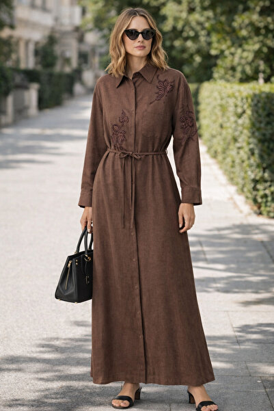 FUAT GÜRSEN Bead Embellished Side Buttoned Linen Non-See-Through Dress