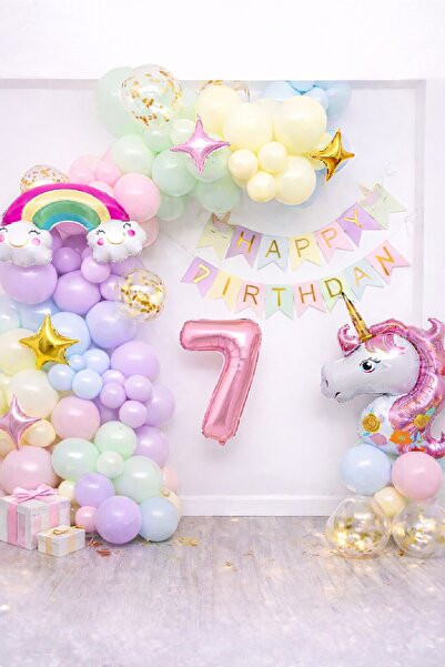BKMC PARTY Yaş Balonlu Unicorn Temalı Pastel Doğum Günü Süsleme Seti Balon Zi...