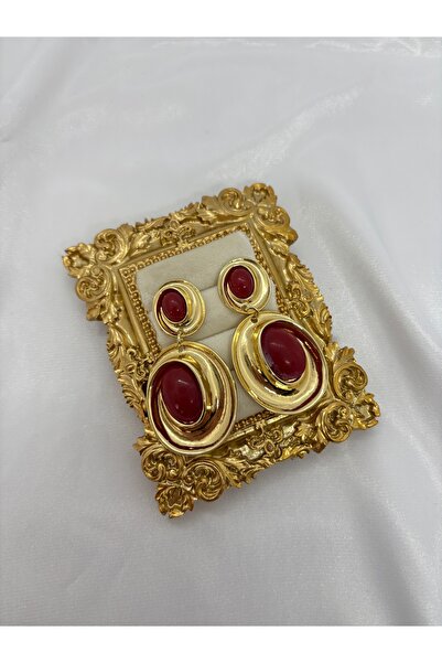 Home Vintage Gold Renk Kırmızı Oval Taşlı Küpe - 90lar Retro Tarz Kırmızı Taş...