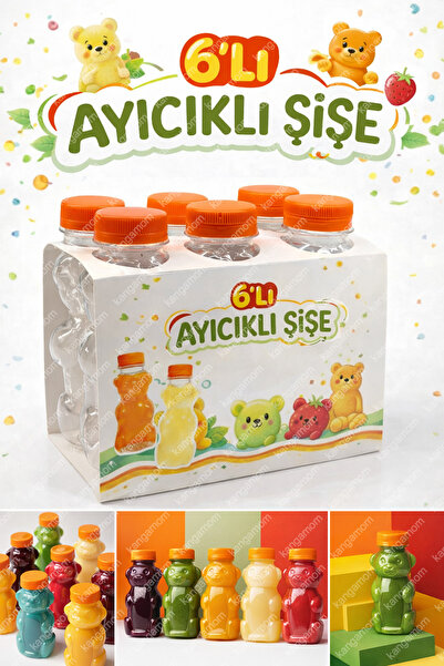 M&B WATER BOTTLE 6'lı Ayıcıklı Boş Meyve Suyu Şişesi - 250 ml Turuncu Kapaklı...