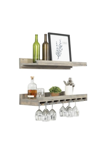 MERZANA Ahşap Duvar Şaraplık & Kadehlik Raf – 2 Katlı Dekoratif Mutfak ve Bar...