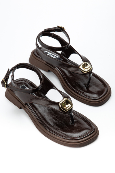 RİSSOLİ Women's Brown Wrinkled Patent Leather Ankle Strap Flip-Flop Sandals w...